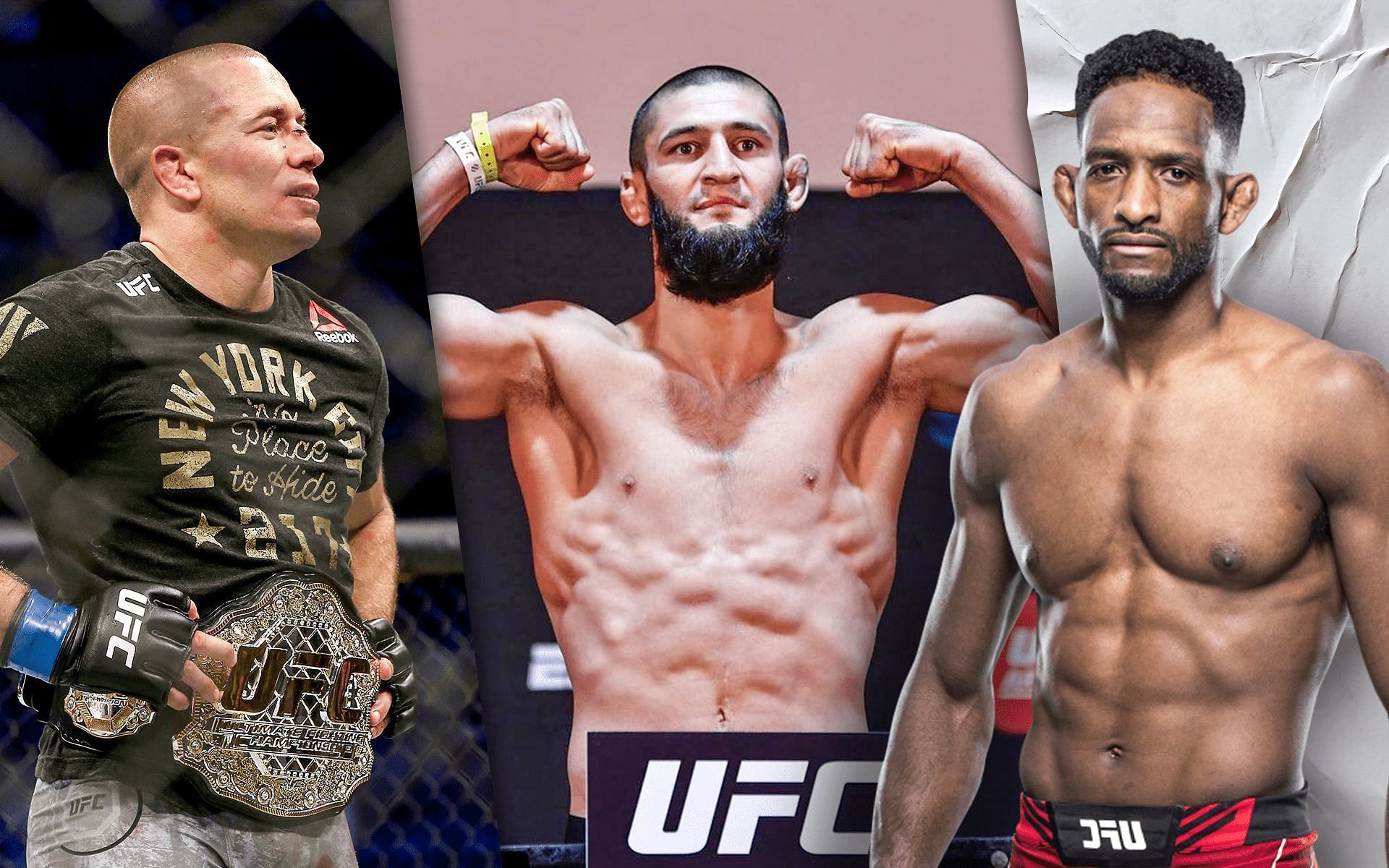 Georges St-Pierre (left), Khamzat Chimaev (center) &amp; Neil Magny (right) [Image Credits- @ufcrussia on Instgram &amp; UFC.com]