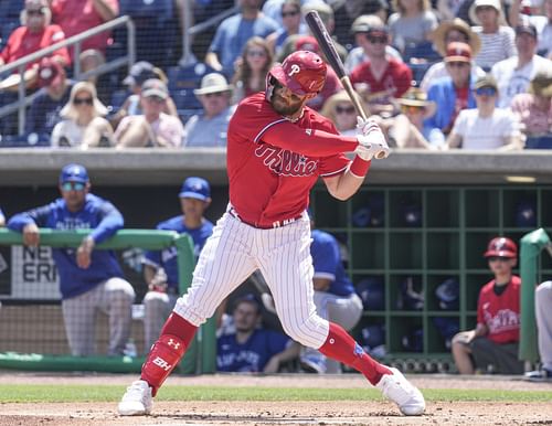 Bryce Harper batting against the Toronto Blue Jays in Spring Training