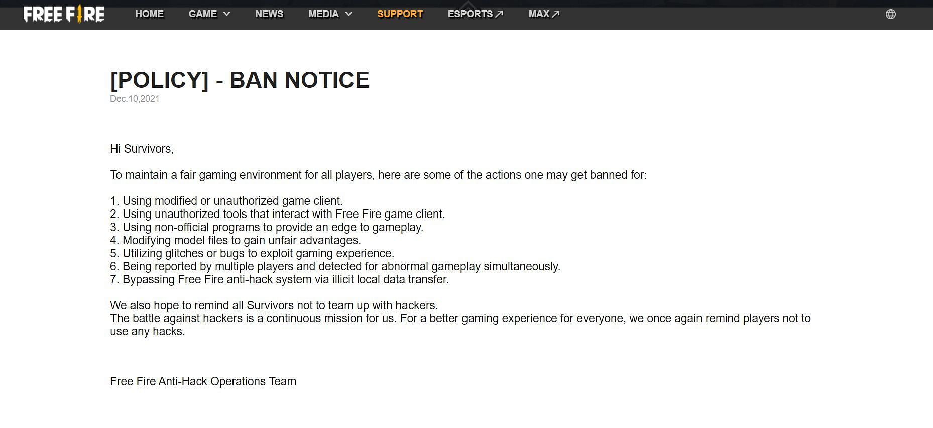The Ban Notice stresses the points that lead to account suspensions (Image via Garena)