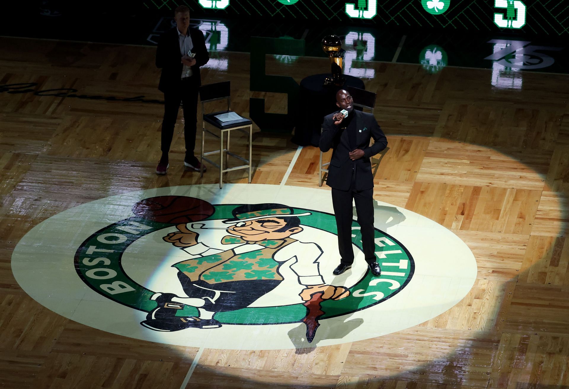 Former Boston Celtics player Kevin Garnett speaks to fans during his number retirement ceremony following the game between the Boston Celtics and the Dallas Mavericks at TD Garden on Sunday in Boston, Massachusetts.