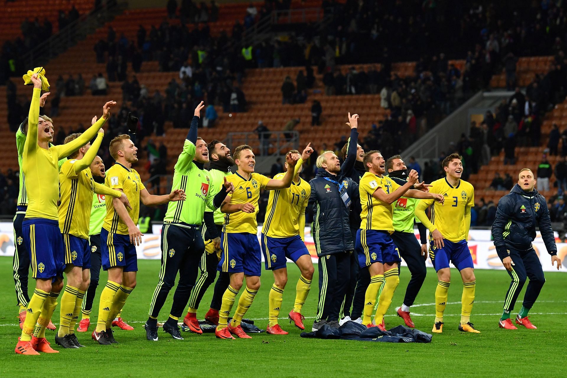 Sweden celebrate their historic win over Italy.