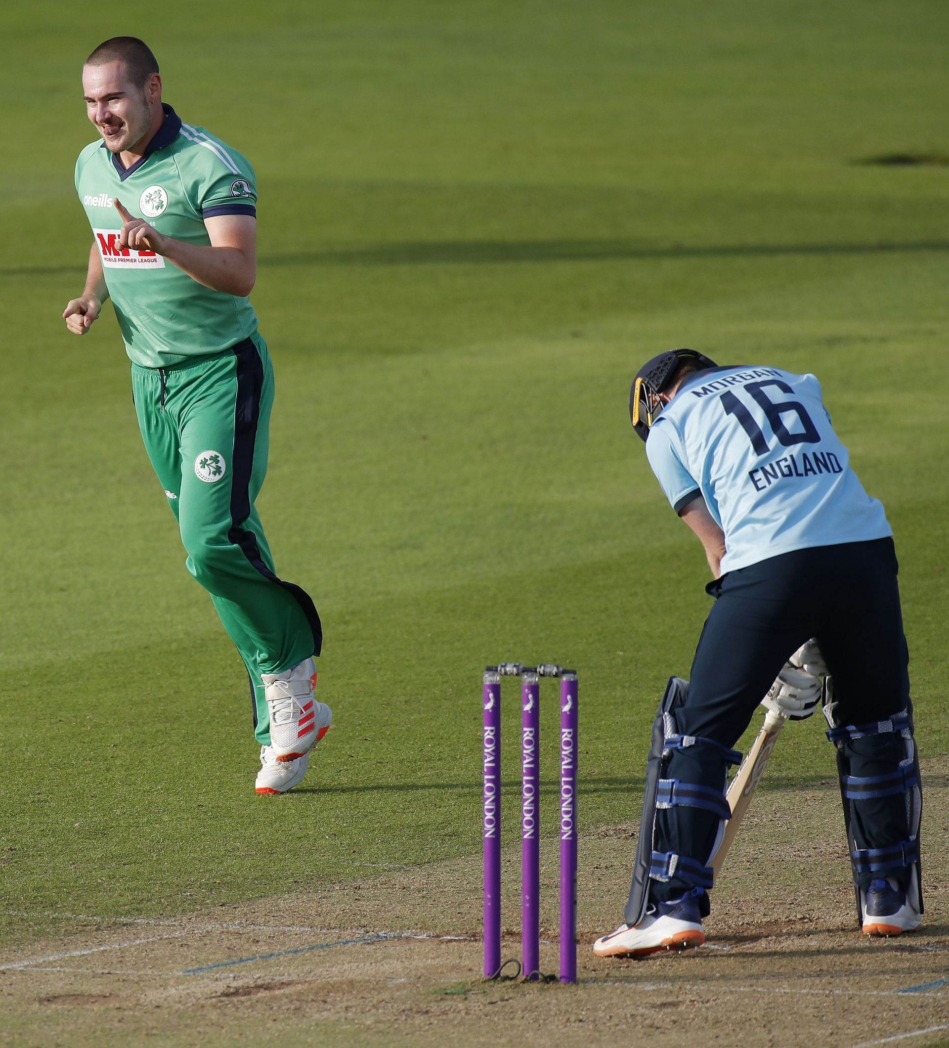 Joshua Little celebrates dismissing Eoin Morgan during the Second ODI between England and Ireland in the Royal London Series at The Ageas Bowl on August 1, 2020, in Southampton (Getty Images)
