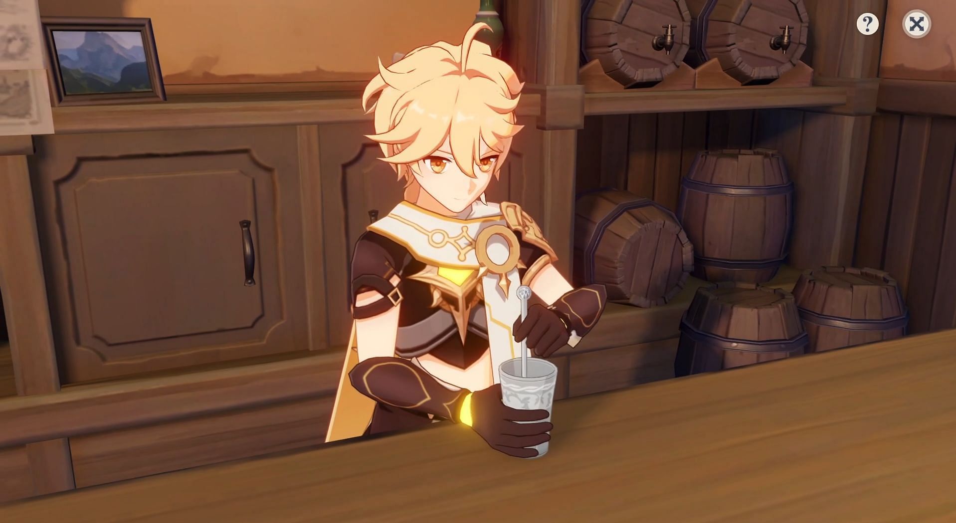 Traveler mixing the drink in bartender event (Image via Genshin Impact)