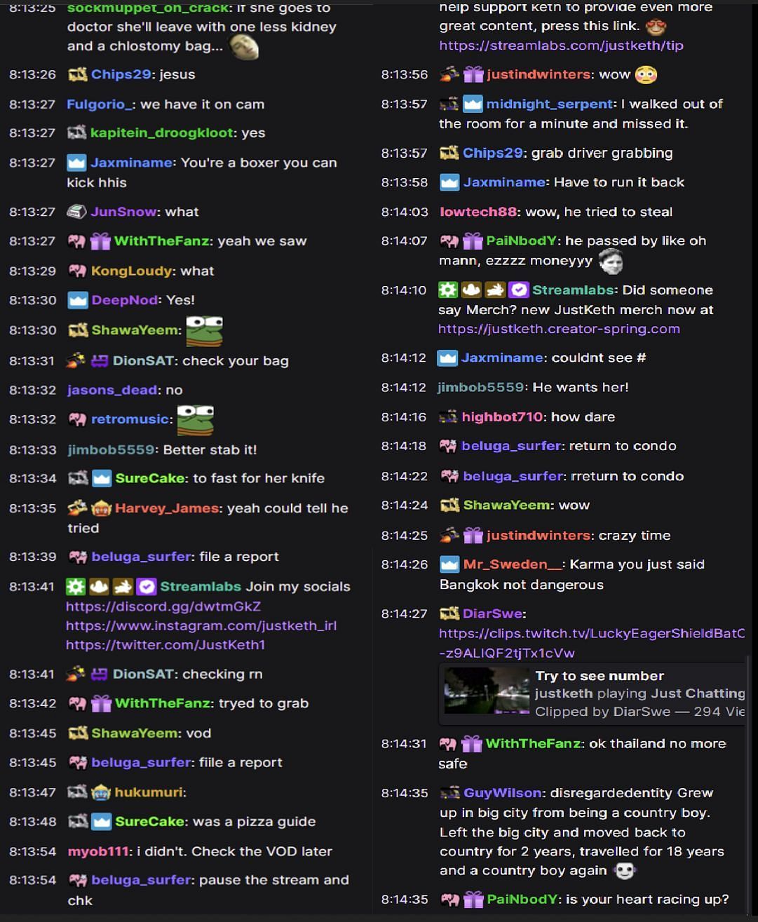 Fans reacting to the streamer getting robbed on stream (Images via justketh/Twitch)