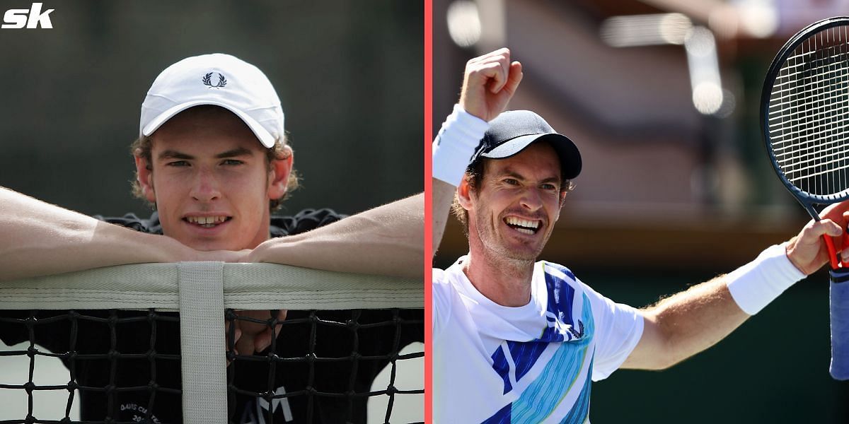 Andy Murray at his Davis Cup debut in 2005 (L) and at the BNP Paribas Open 2021.