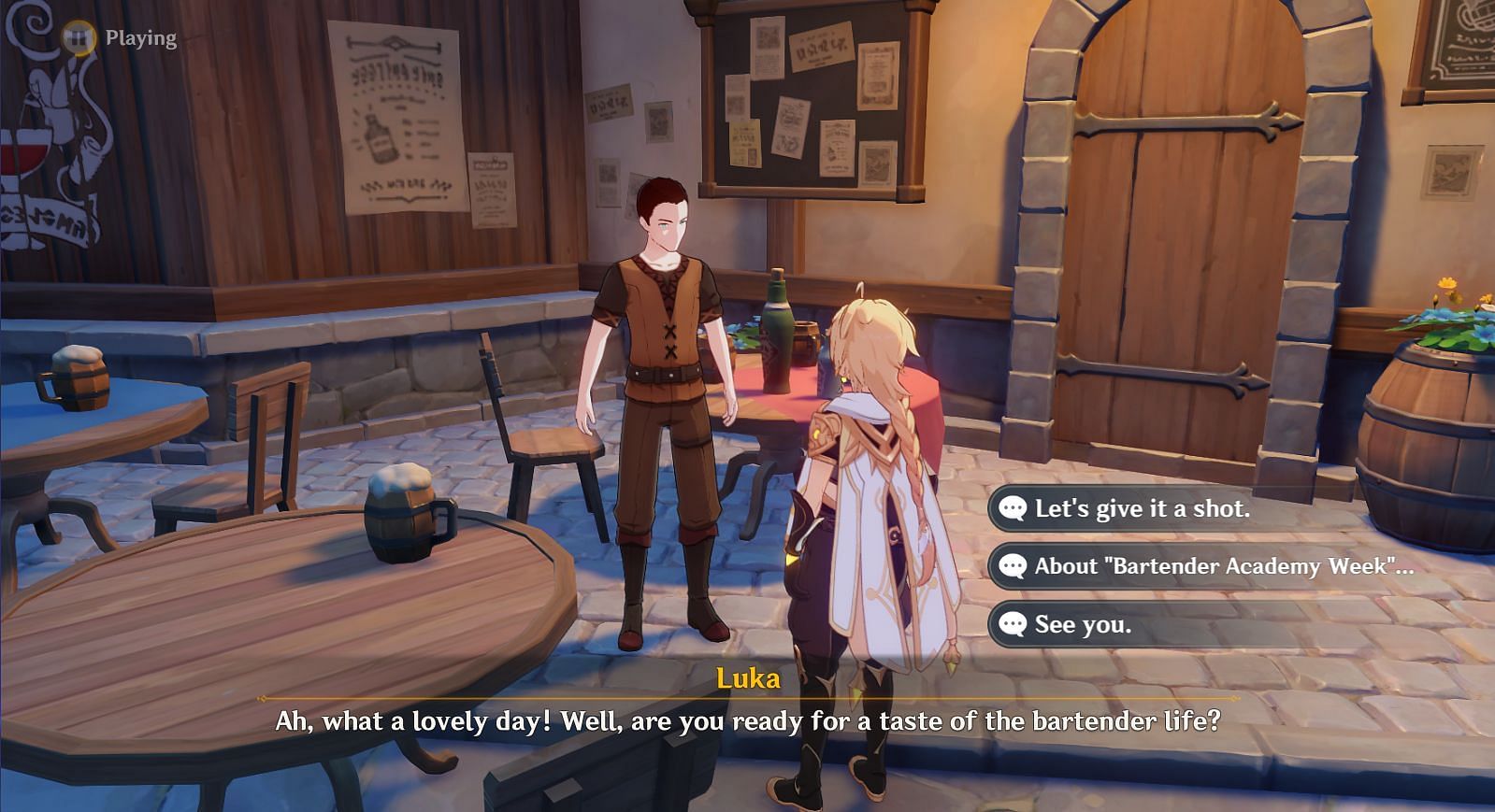 Talk to Luca to enter the tavern (Image via Genshin Impact)