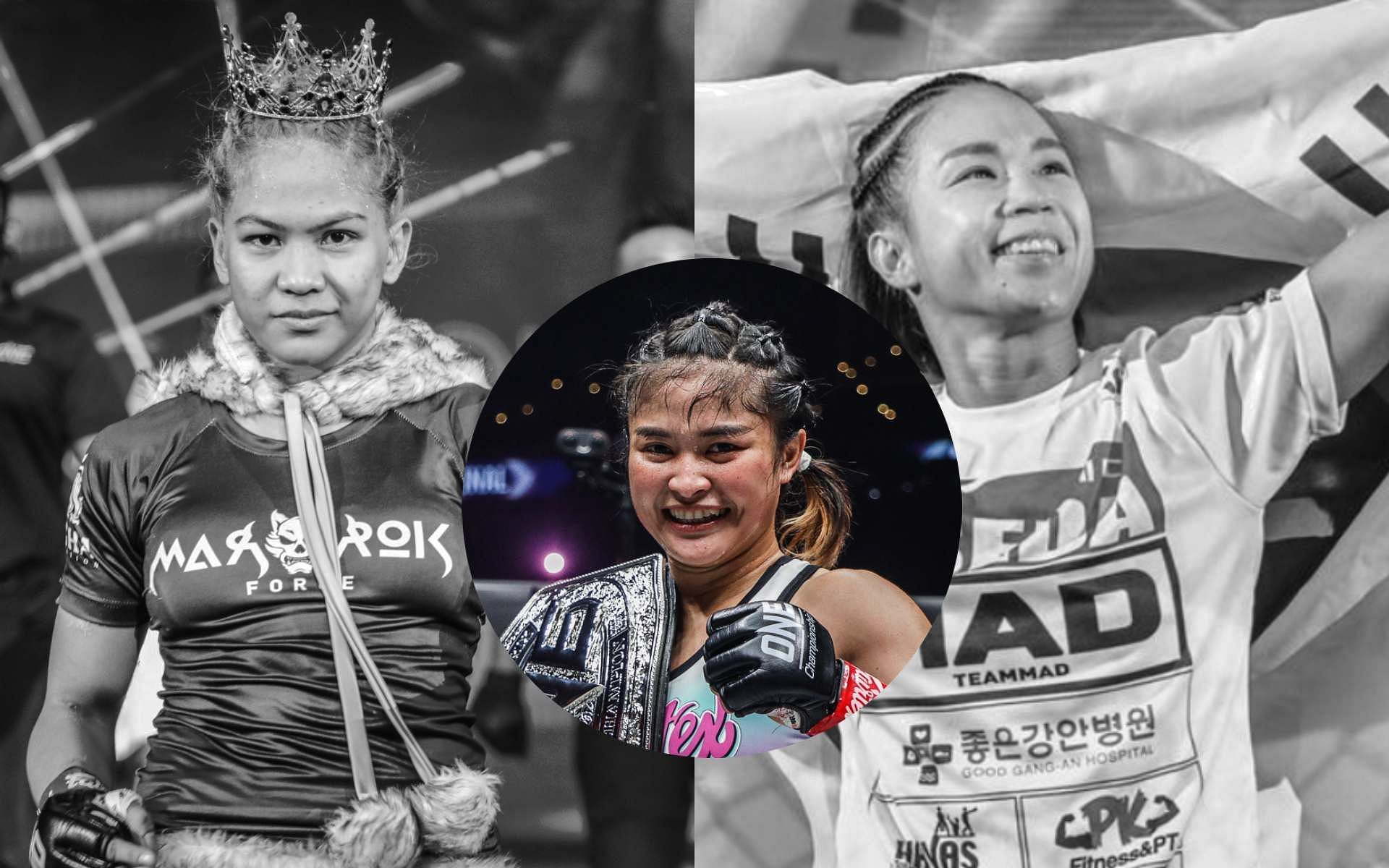 Stamp Fairtex (center circle) predicts that Denice Zamboanga (left) will be the winner in her rematch against Ham Seo Hee (right) in ONE X. [Photos ONE Championship]