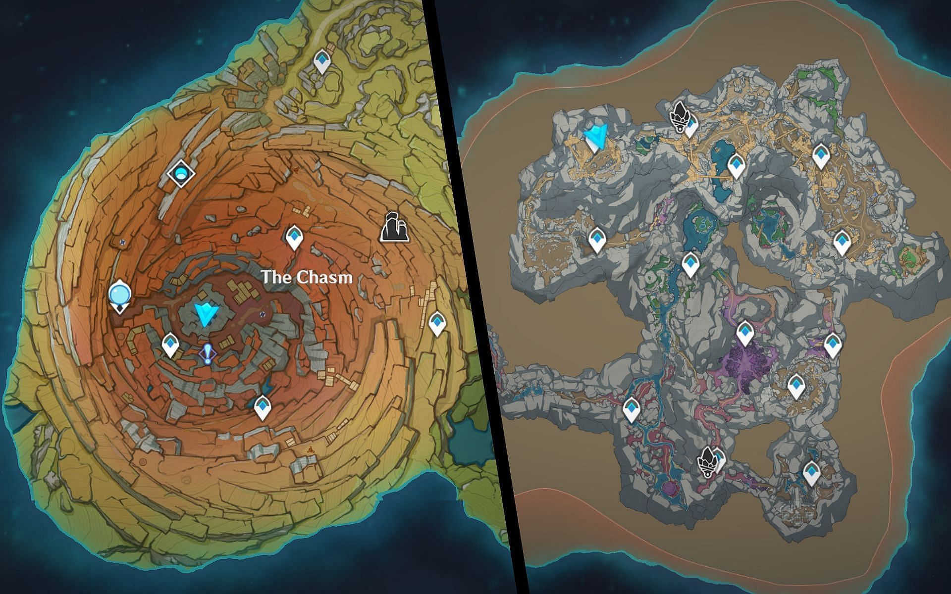 Two maps associated with The Chasm in Genshin Impact 2.6 (Image via miHoYo)