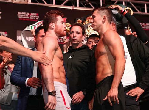 Canelo Alvarez(L) forsees a KO victory in his trilogy bout with Gennadiy Golovkin (R)