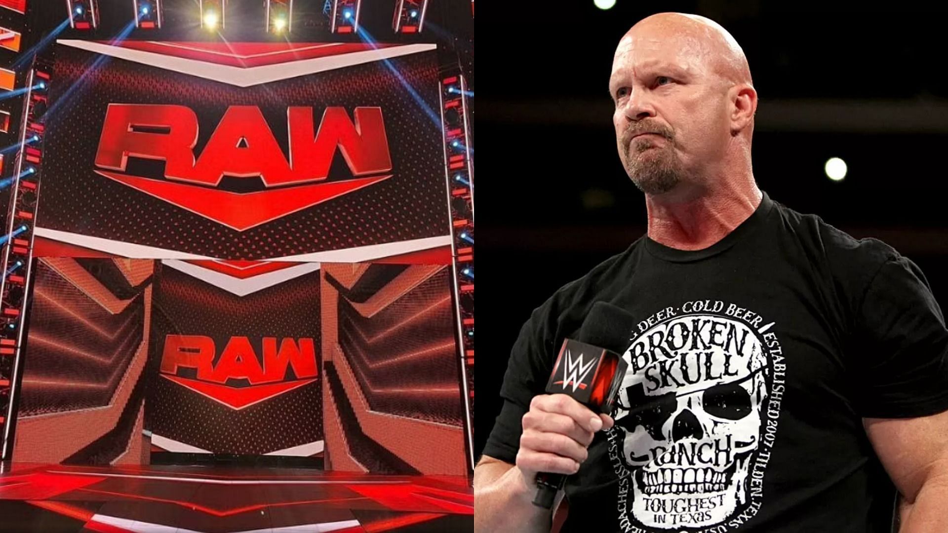 Monday Night RAW Stage (left); Stone Cold Steve Austin (right)