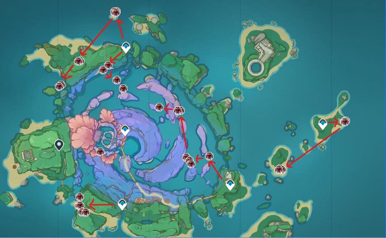 Farming routes for Handguards in Inazuma (Image via Interactive Map)