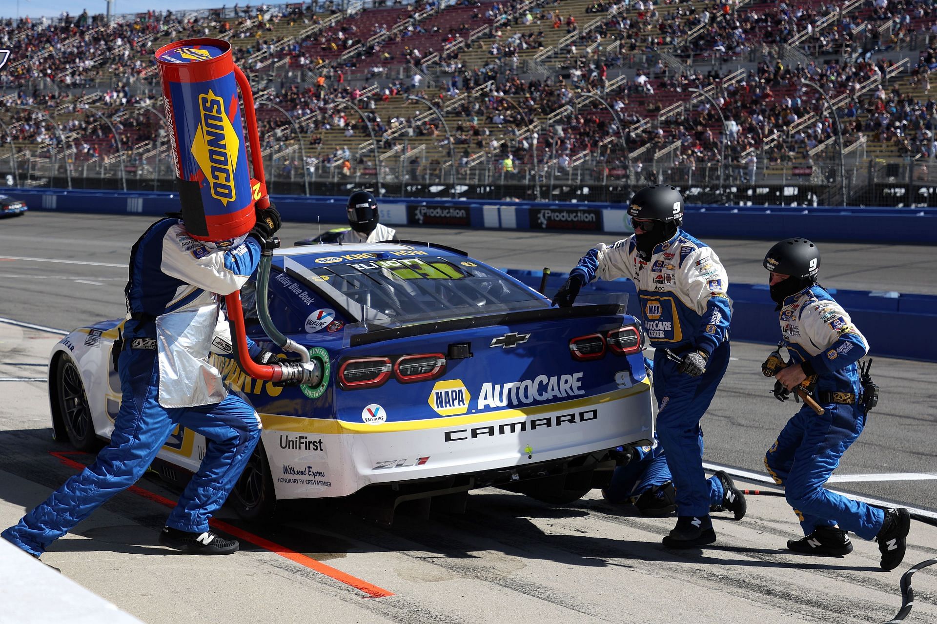 Chase Elliott, in the #9 NAPA Auto Parts Chevrolet, pits during the NASCAR Cup Series Wise Power 400 (Photo by James Gilbert/Getty Images)