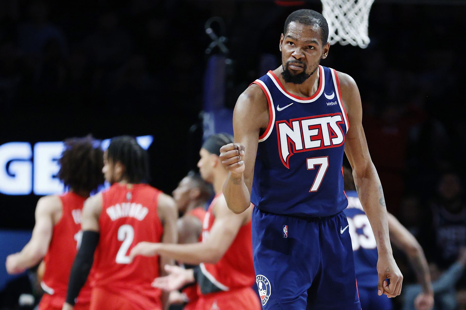 Durant of the Brooklyn Nets reacts during the second half against the Portland Trail Blazers at Barclays Center on Friday. The Nets won 128-123.