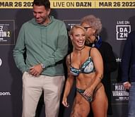 Watch: Ebanie Bridges makes sure Eddie Hearn doesn’t get distracted at the weigh-ins