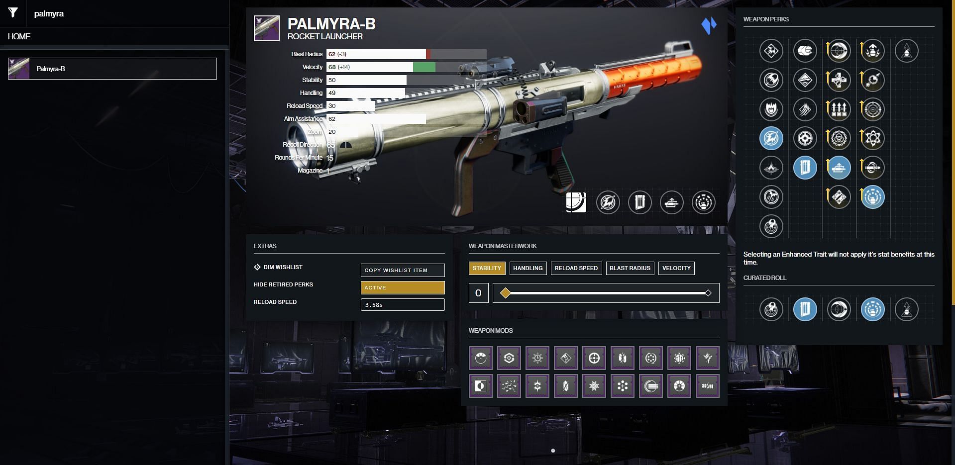 Palmyra-B stats with the best perks possible (Image via Destiny 2 gunsmith)