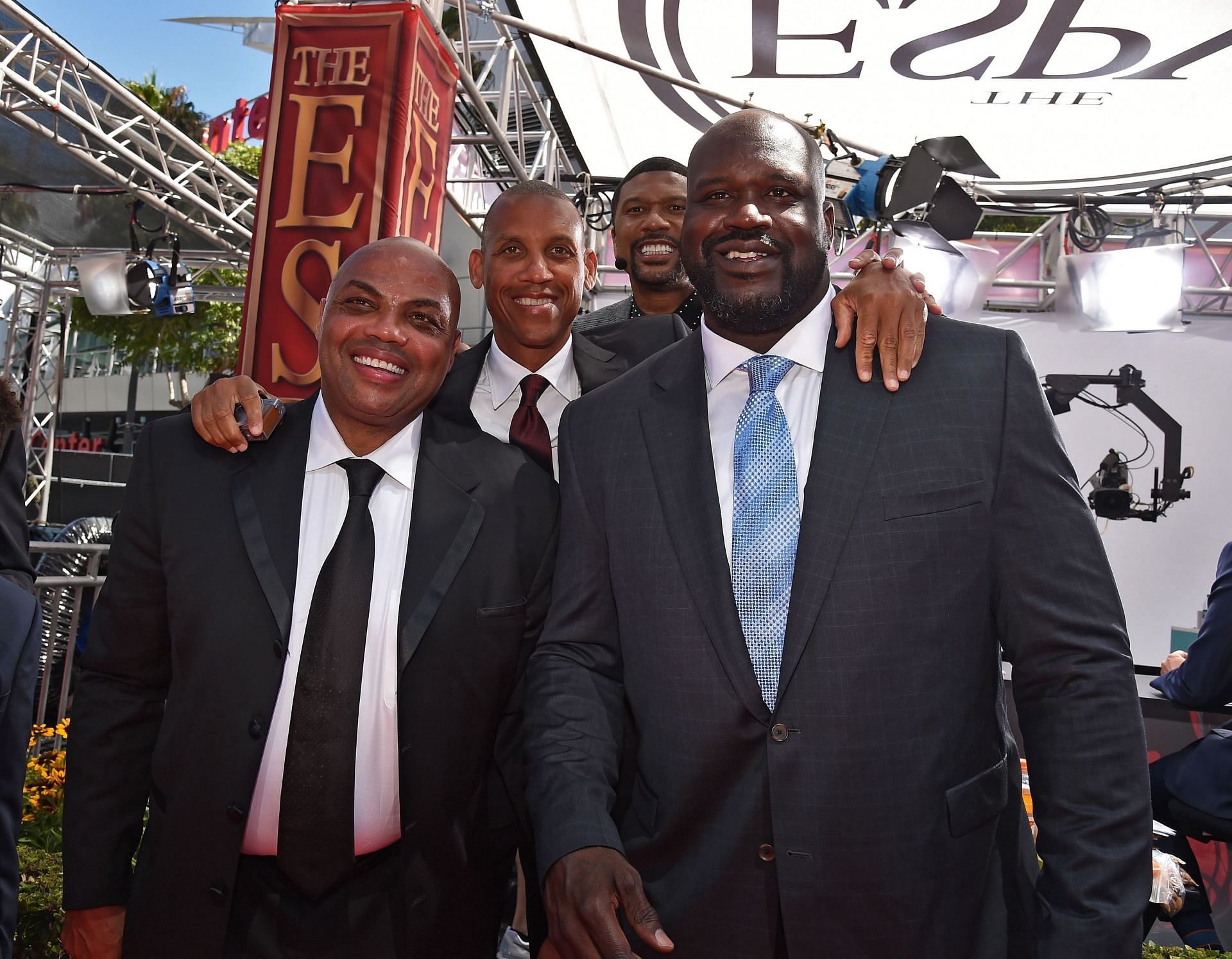 Enter caption Enter caption Enter caption Enter caption Former NBA players Charles Barkley, Reggie Miller, Jalen Rose, and Shaquille O&#039;Neal (L-R)