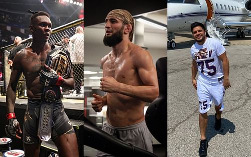 Israel Adesanya (left), Khamzat Chimaev (center), Henry Cejudo (right) [Center and right images via @khamzat_chimaev and @henry_cejudo on Instagram]