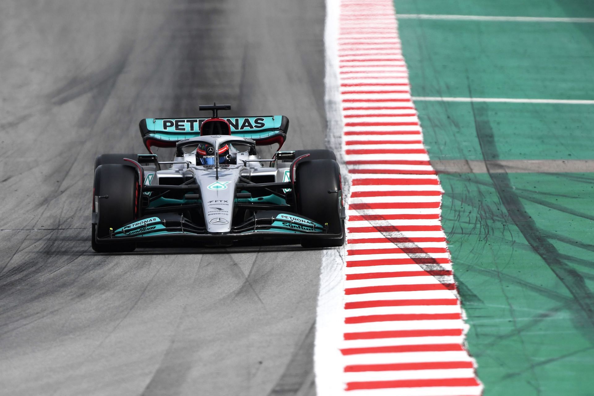 George Russell (#63) testing the Mercedes W13 in Barcelona