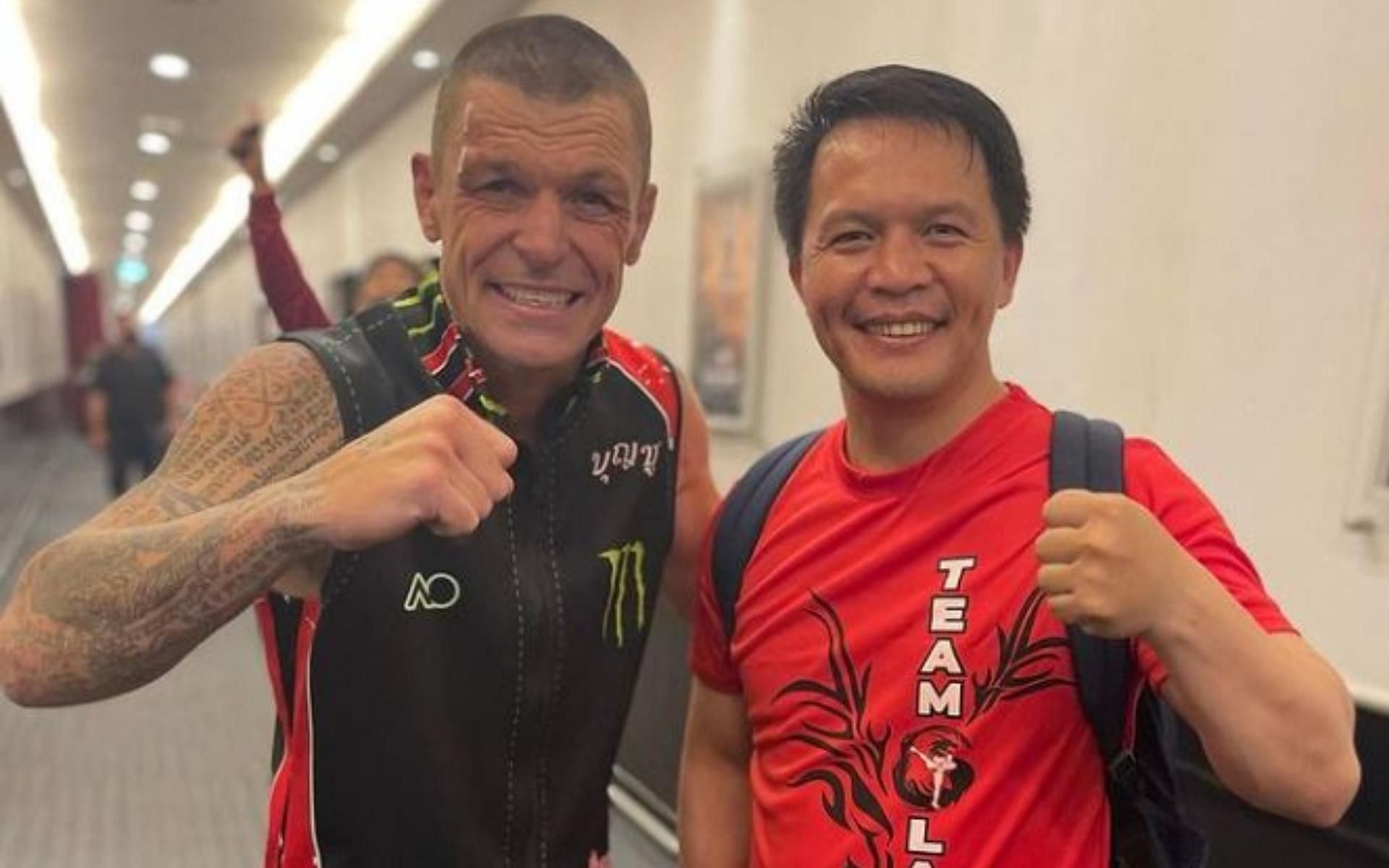 Respect amongst legends. John Wayne Parr (left) takes a photo with Team Lakay founder and head coach Mark Sangiao (right) at ONE X. (Image courtesy: @marksangiao on Instagram)