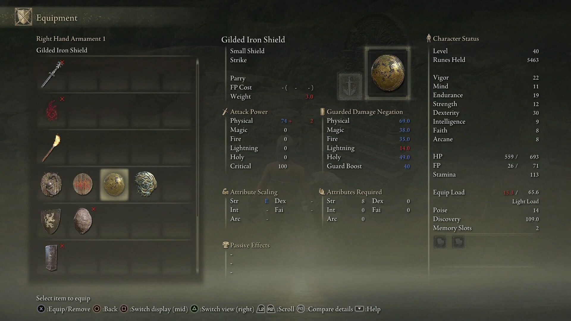 The Guilded Iron Shield has one of the best weight numbers amongst parrying shields (Image via Gamer Guides/Youtube)