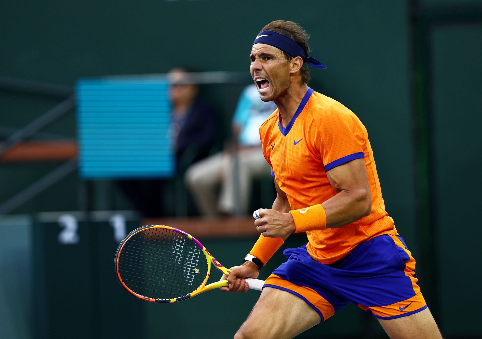 Rafael Nadal celebrates a point during his semifinal at the BNP Paribas Open on Saturday