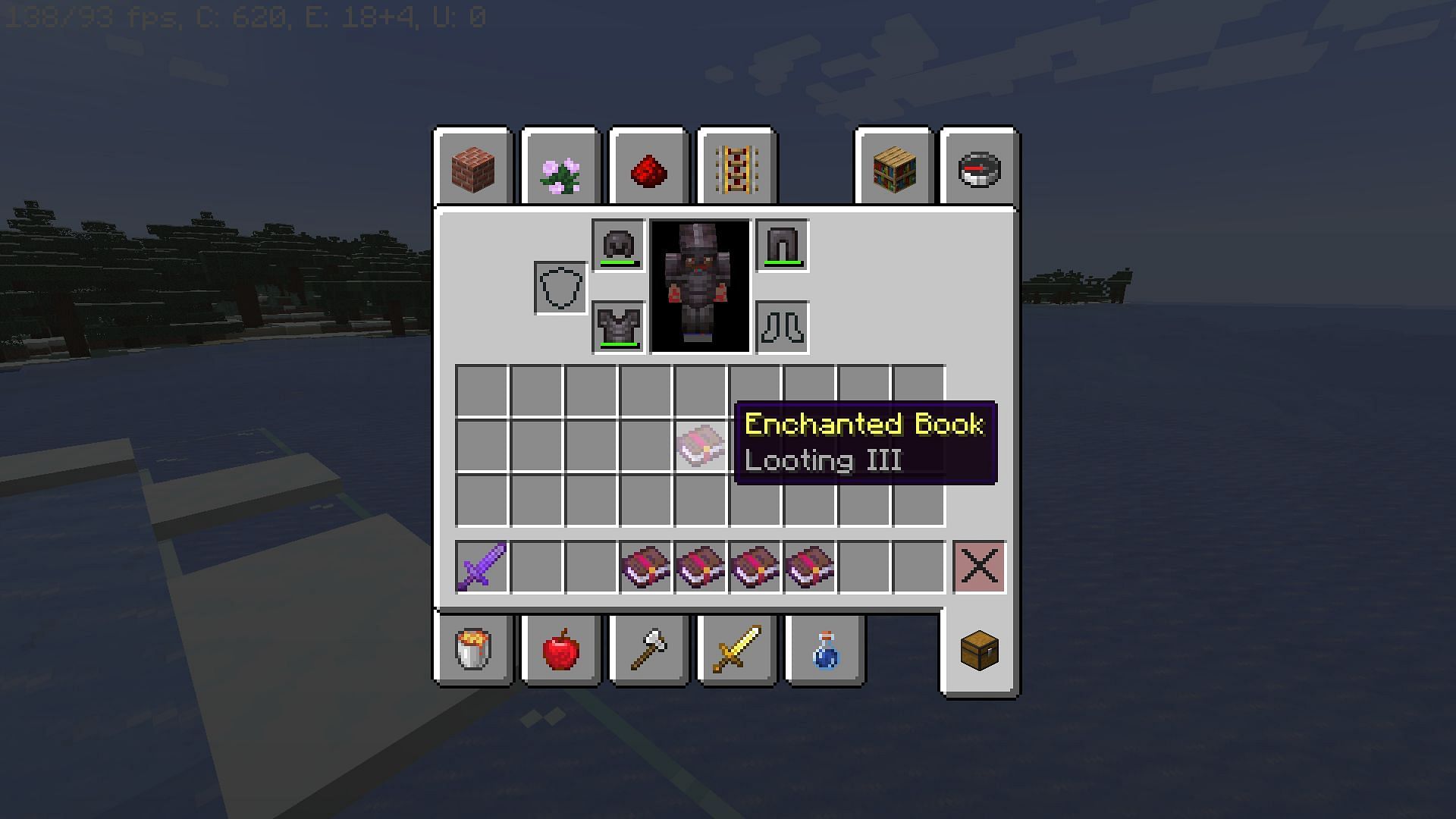 Looting three enchanted book (Image via Minecraft)