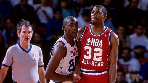 Michael Jordan and Magic Johnson during the 1988 NBA ALL-Star game [Image Credits: Sky Sports]