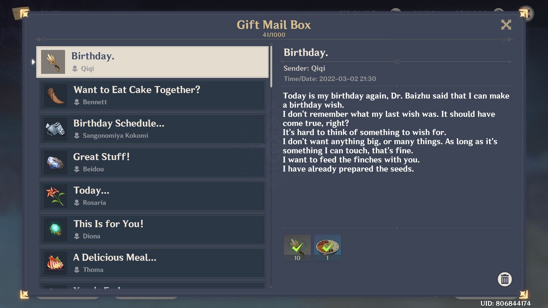 Her birthday mail (Image via miHoYo)