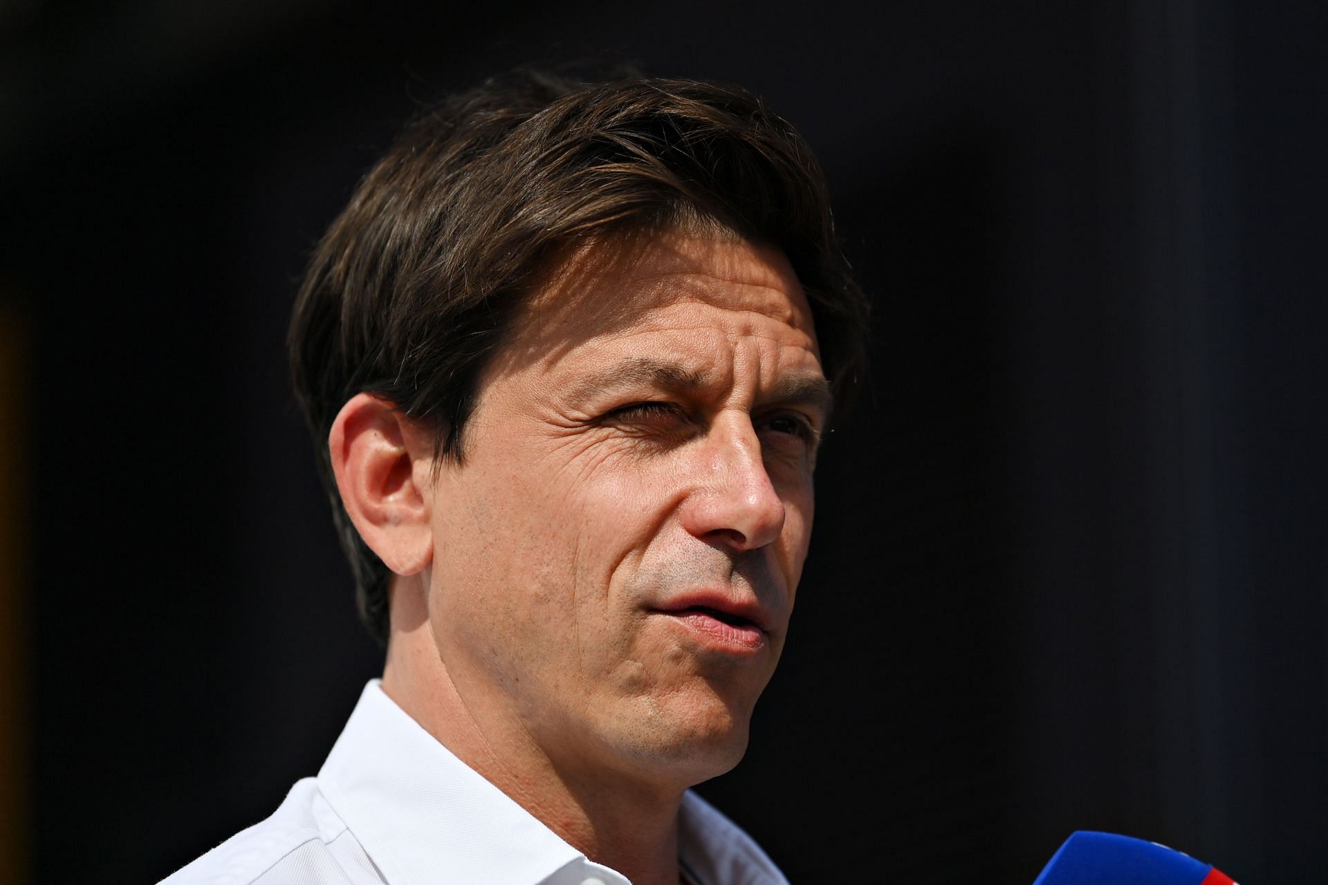 Toto Wolff talks to the media in the Paddock during practice in Zandvoort, Netherlands (Photo by Dan Mullan/Getty Images