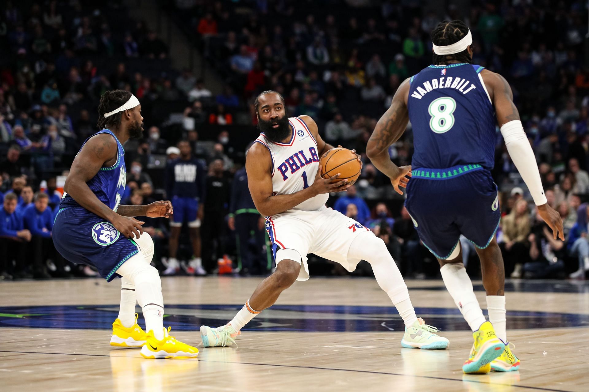 James Harden #1 of the Philadelphia 76ers scans the floor to make a play