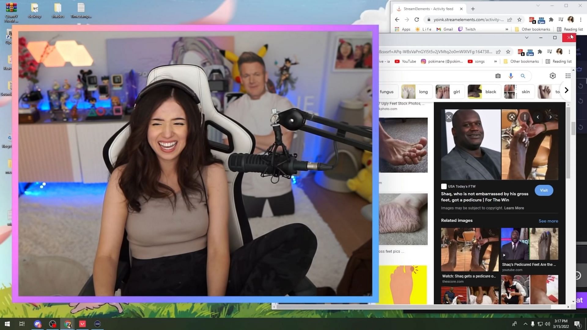 Poki losing it after seeing Shaq&#039;s feet pop up on her screen (Images via PokimaneToo/YouTube)