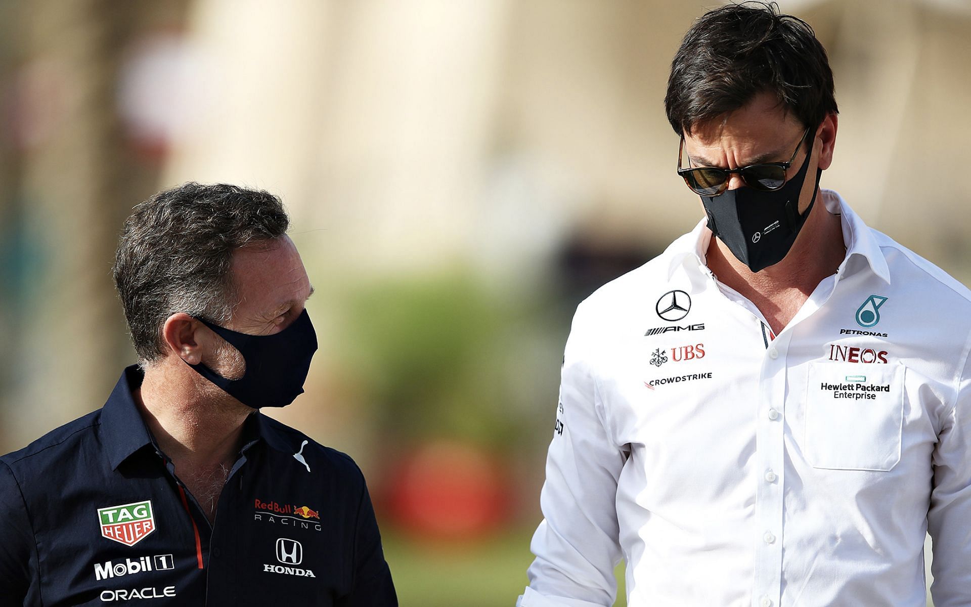 Red Bull&#039;s Christian Horner (left) and Mercedes&#039; Toto Wolff (right) (Via formula1.com)