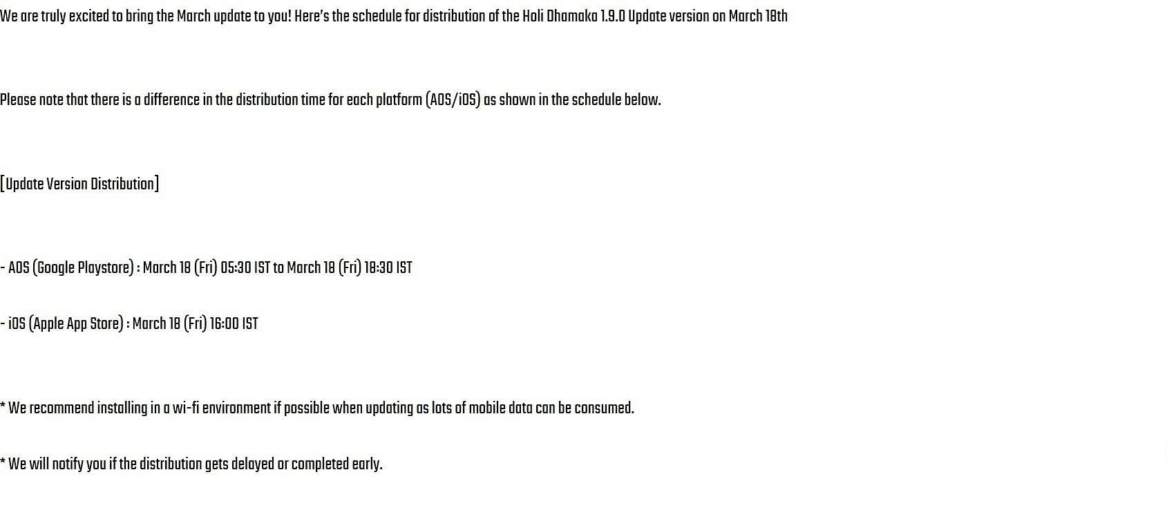 The update schedule (Image via Krafton)
