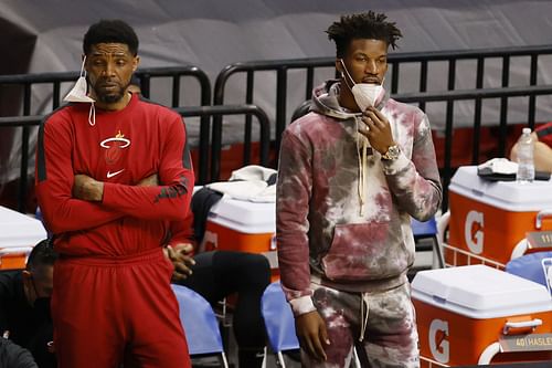 The Miami Heat's Udonis Haslem and Jimmy Butler got into a heated exchanged during the game versus the Golden State Warriors