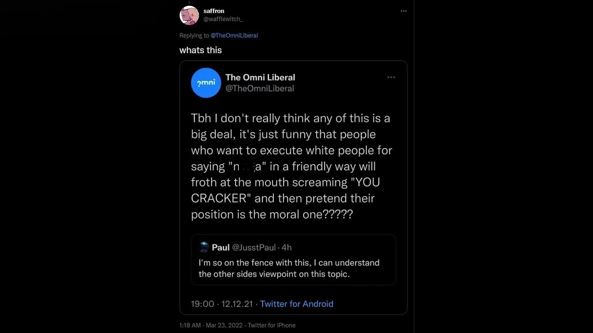Screenshot of an original tweet made by The Omni Liberal Twitter account (Image via Twitter wafflewitch)
