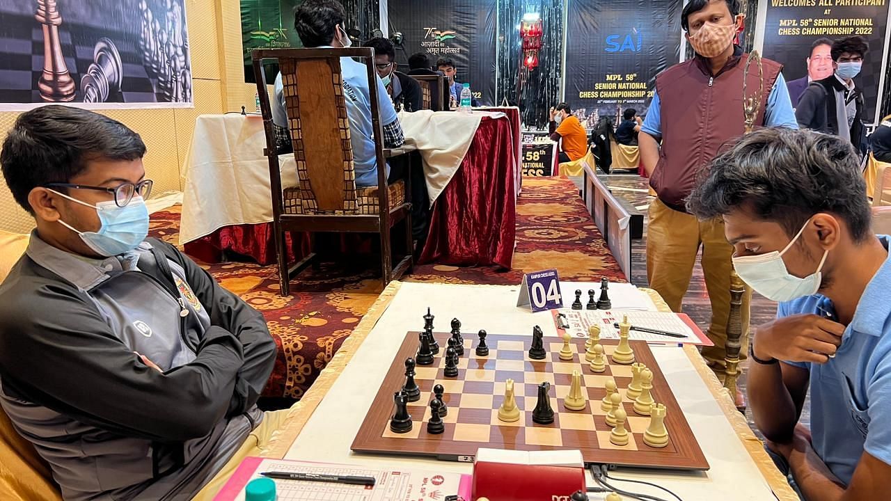 GM Aravindh Chithambaram of Tamil Nadu beat IM Sayantan Das of Railways at the Chess Nationals (Picture: AICF)