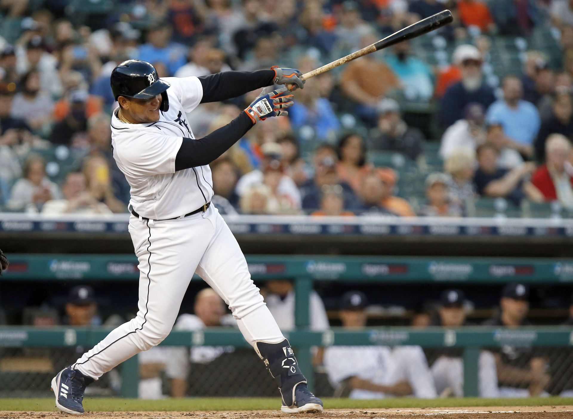 Miguel Cabrera takes a swing at a pitch during a Tampa Bay Rays v Detroit Tigers game