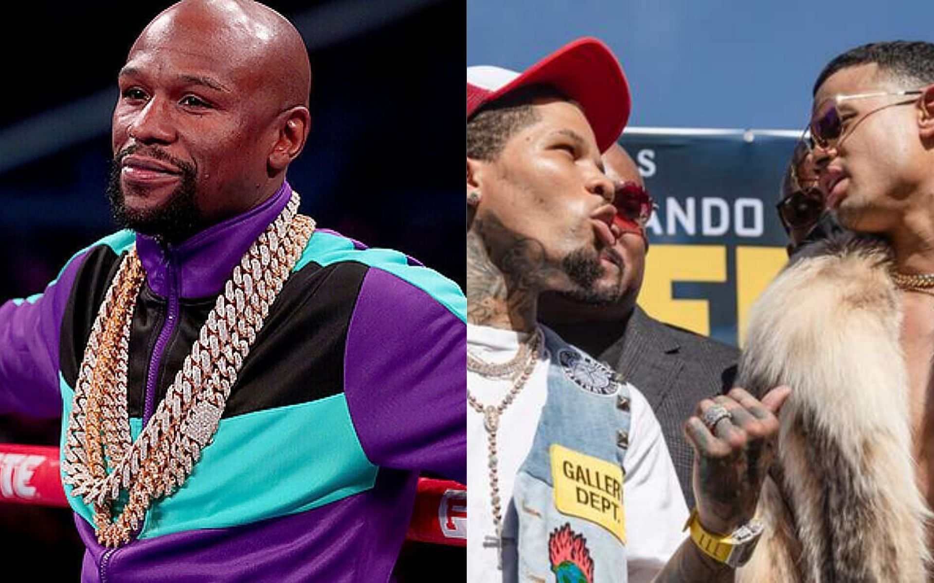 Floyd Mayweather (left) and Gervonta Davis and Rolly Romero (right)