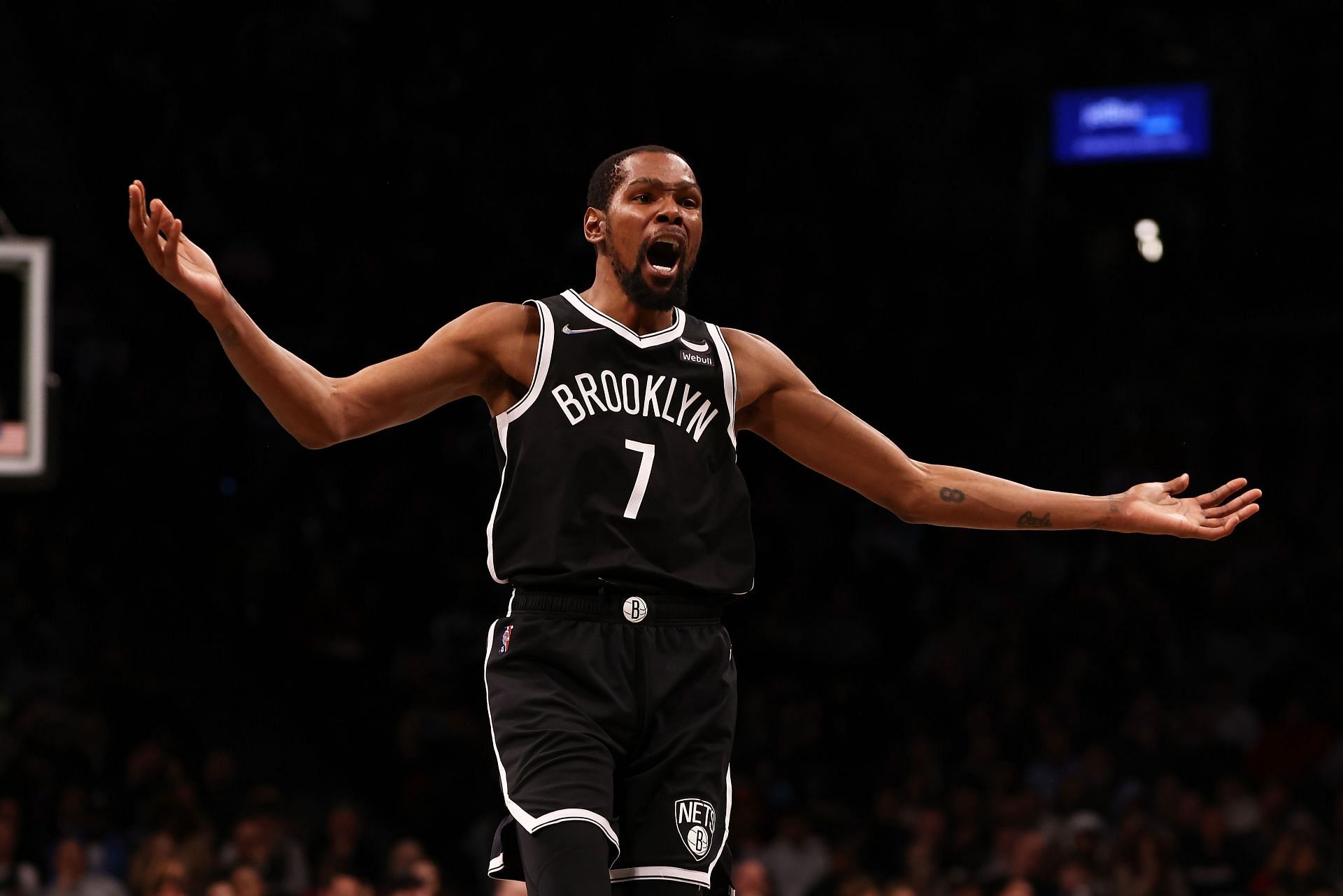 Kevin Durant reacts to a play during the Brooklyn Nets game