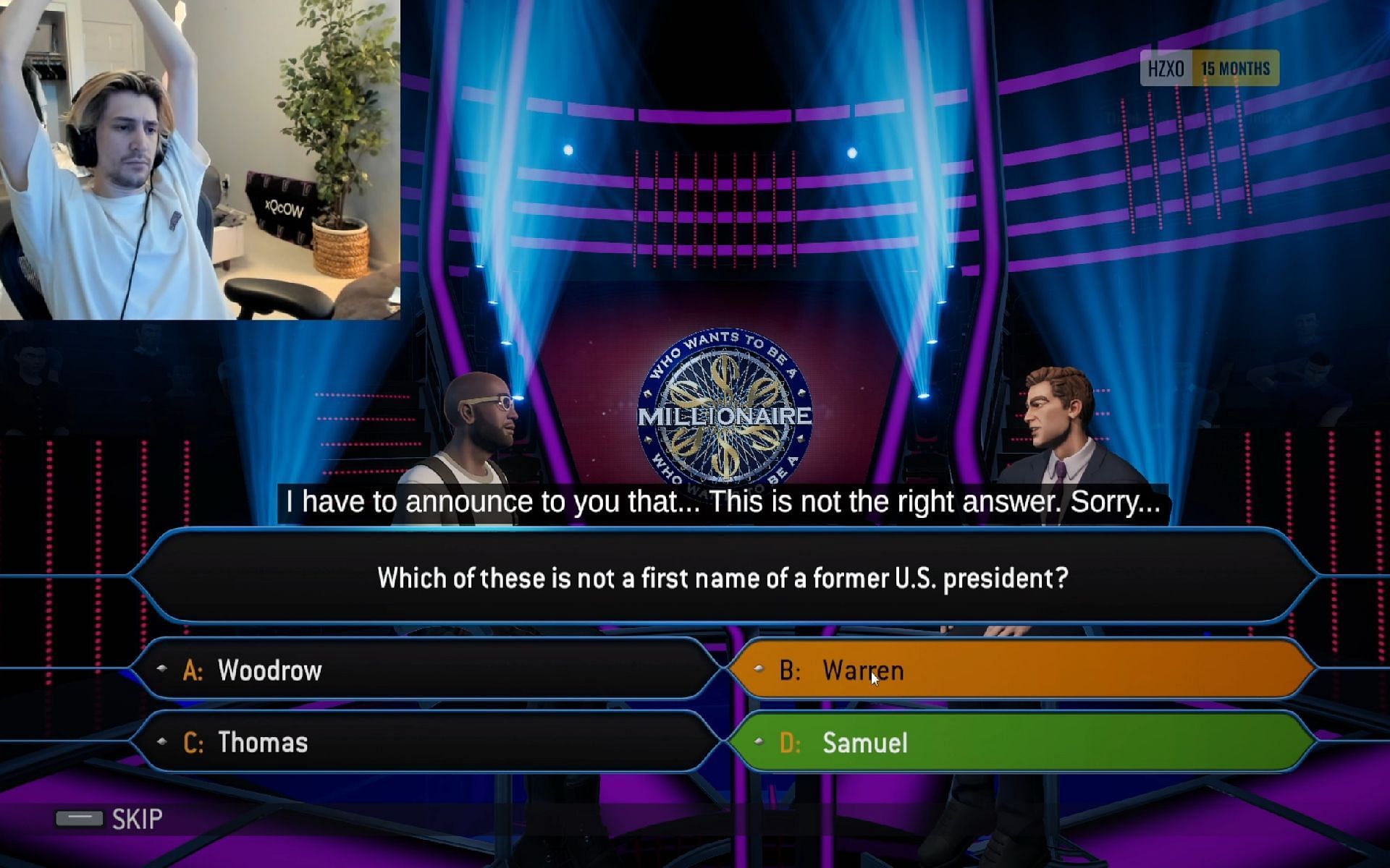 xQc hilariously fails to answer a question in the quiz game (Images via Twitch/xQc)