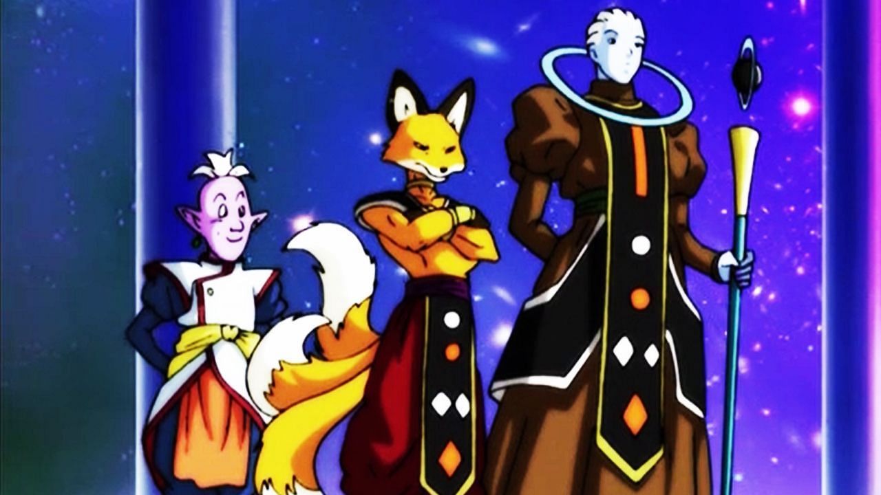 Liquiir (middle), seen with his universe&#039;s Angel and Supreme Kai (Image via Toei Animation)