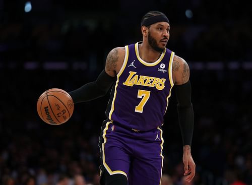 Carmelo Anthony of the LA Lakers dribbles during a 126-121 Philadelphia 76ers win at Crypto.com Arena on March 23 in Los Angeles, California.