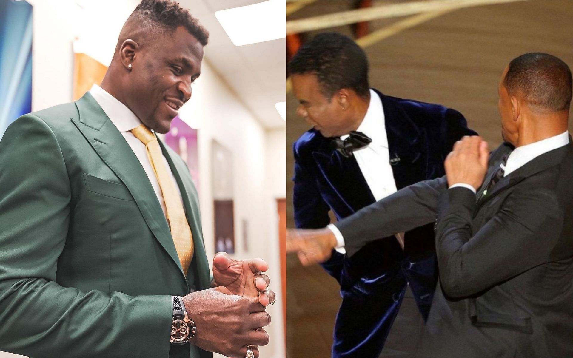 Francis Ngannou (L) and Will Smith-Chris Rock altercation (R) via Instagram @francisngannou