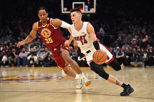 Tyler Herro in action during the Heat v Cavaliers game