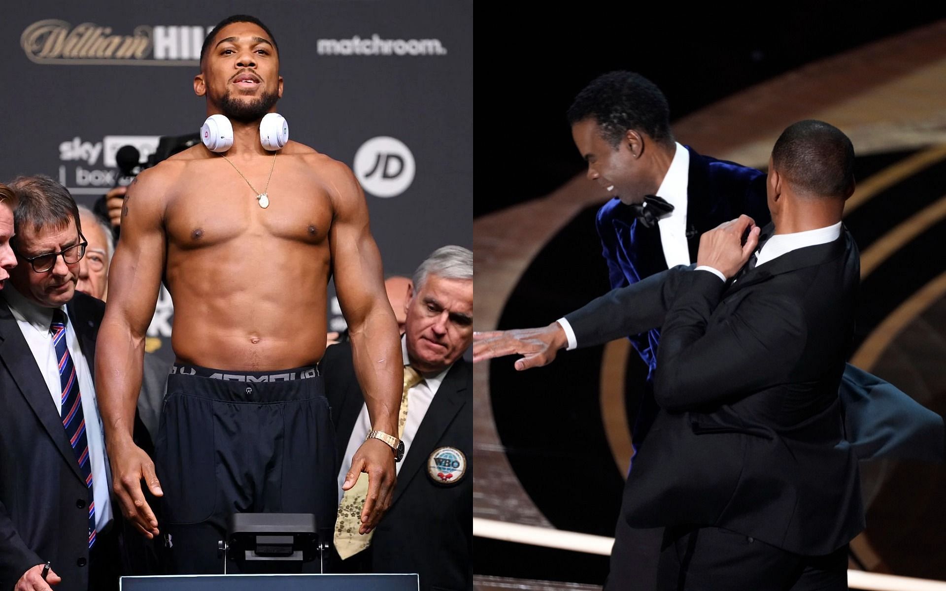 Anthony Joshua (L) has reacted to Will Smith slapping Chris Rock (R)