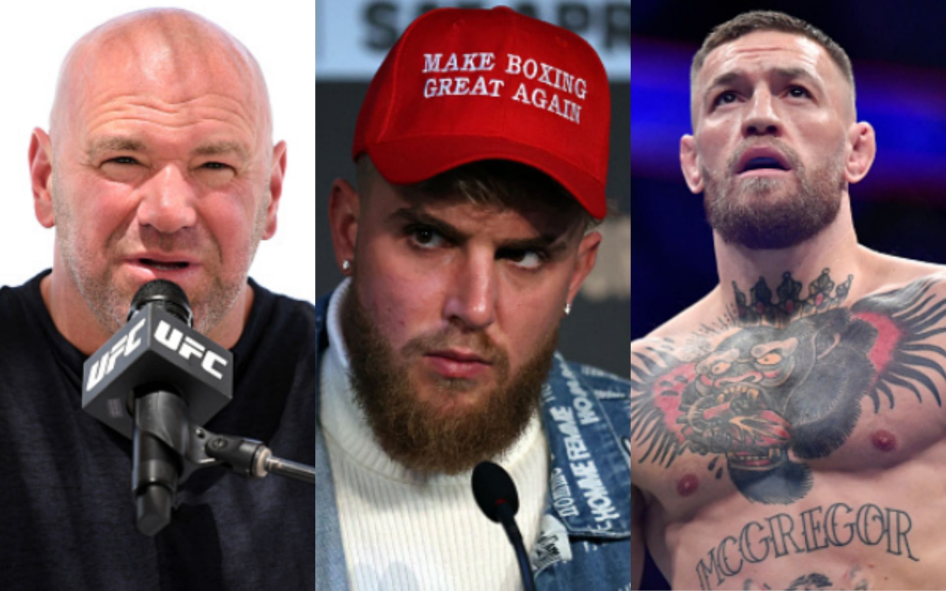 Dana White (left); Jake Paul (center); Conor McGregor (right)