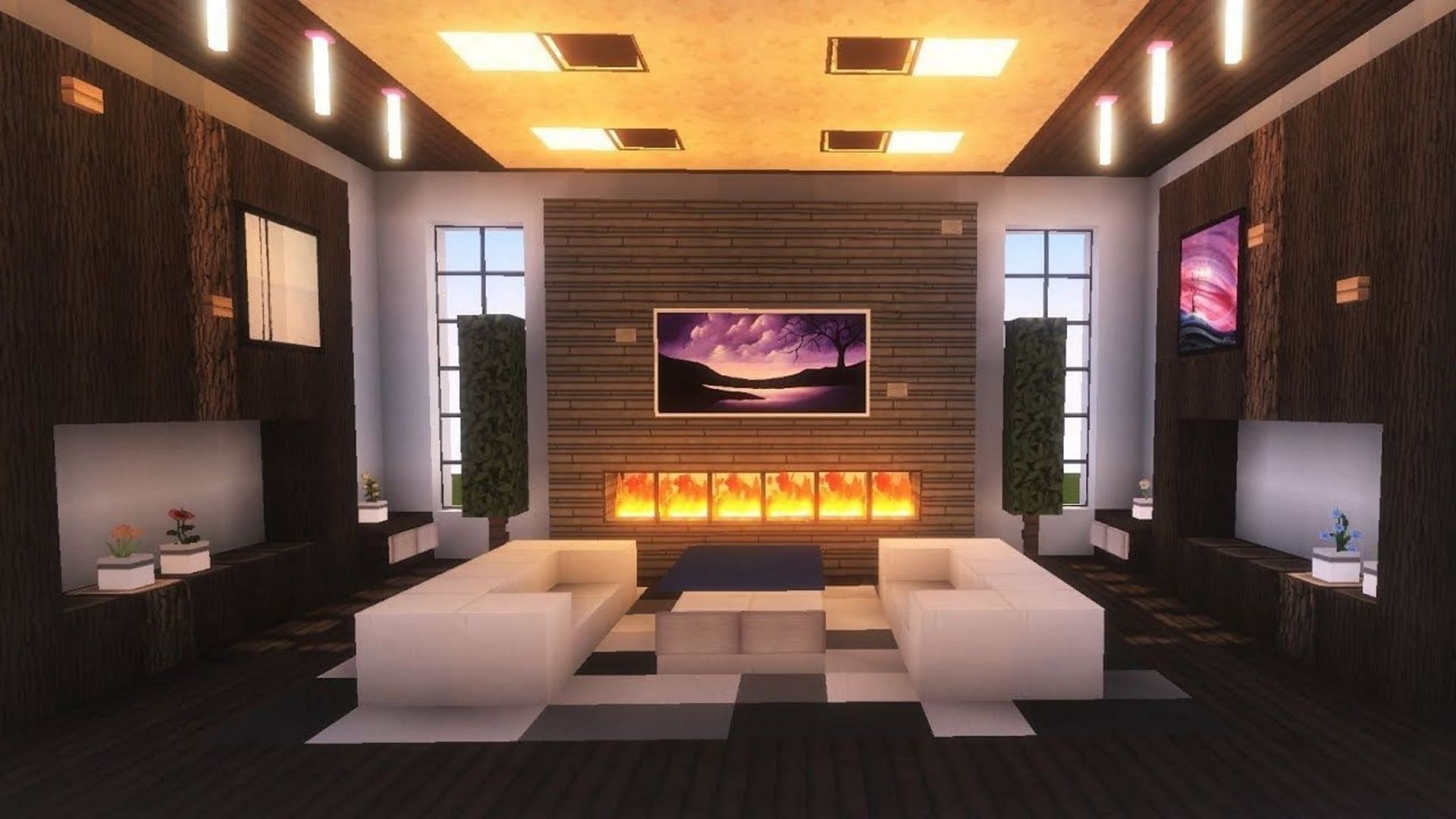 A lavish modern interior complete with couches and fireplace (Image via Mojang)
