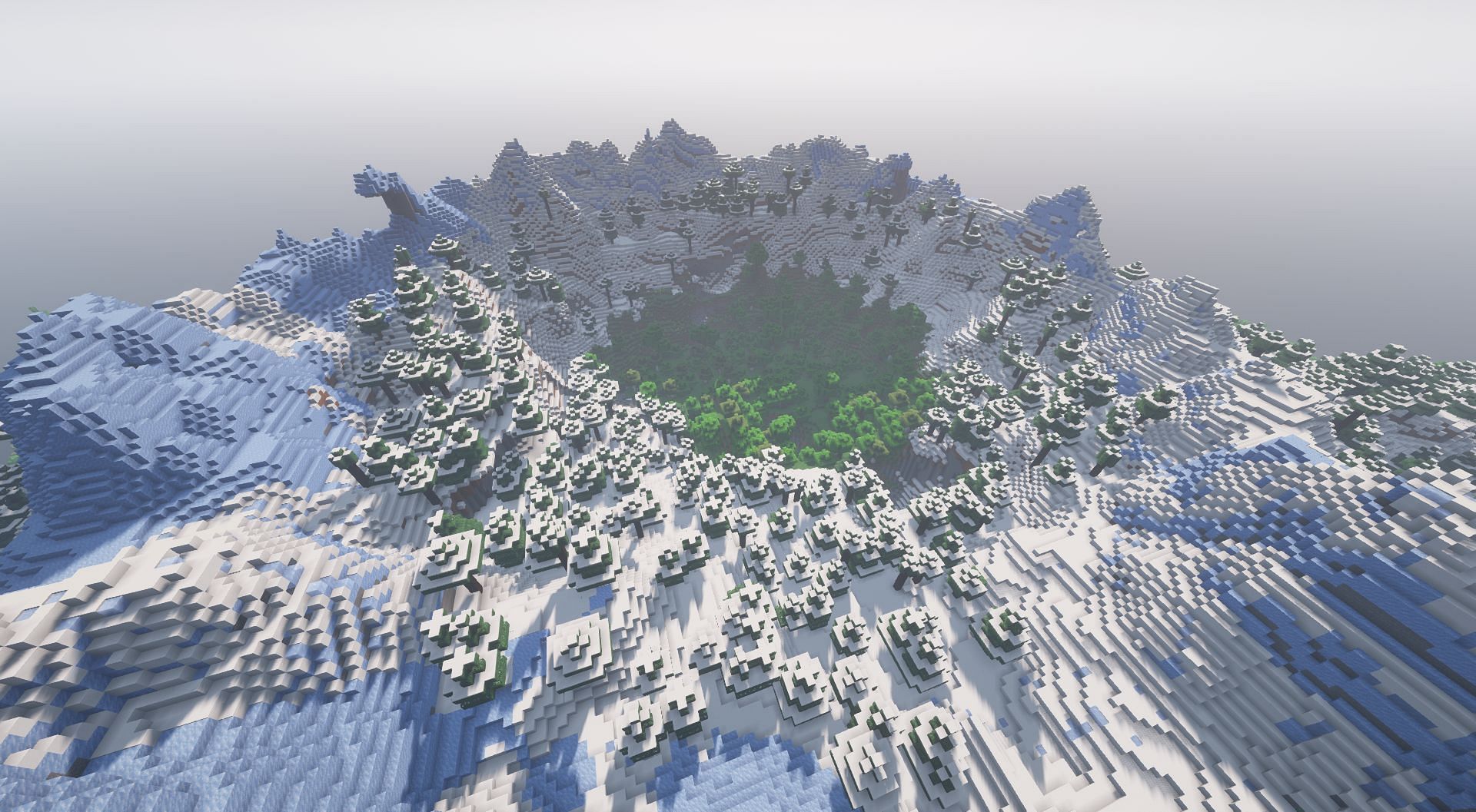 Forest valley surrounded by mountains (Image via Mojang)