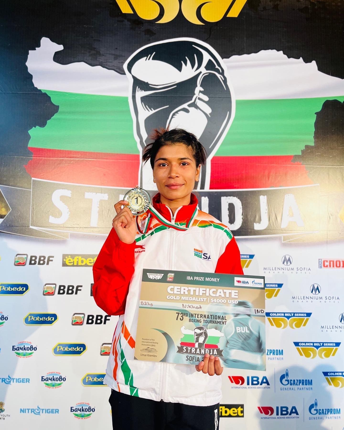 Nikhat after winning the gold at Strandja memorial boxing tournament (Pic credit:- Nikhat Zareen Twitter)