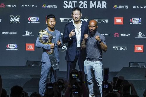 Rodtang Jitmuangnon (left), ONE CEO Chatri Sityodtong (center), Demetrious Johnson (right) [Photo Credits: ONE Championship]